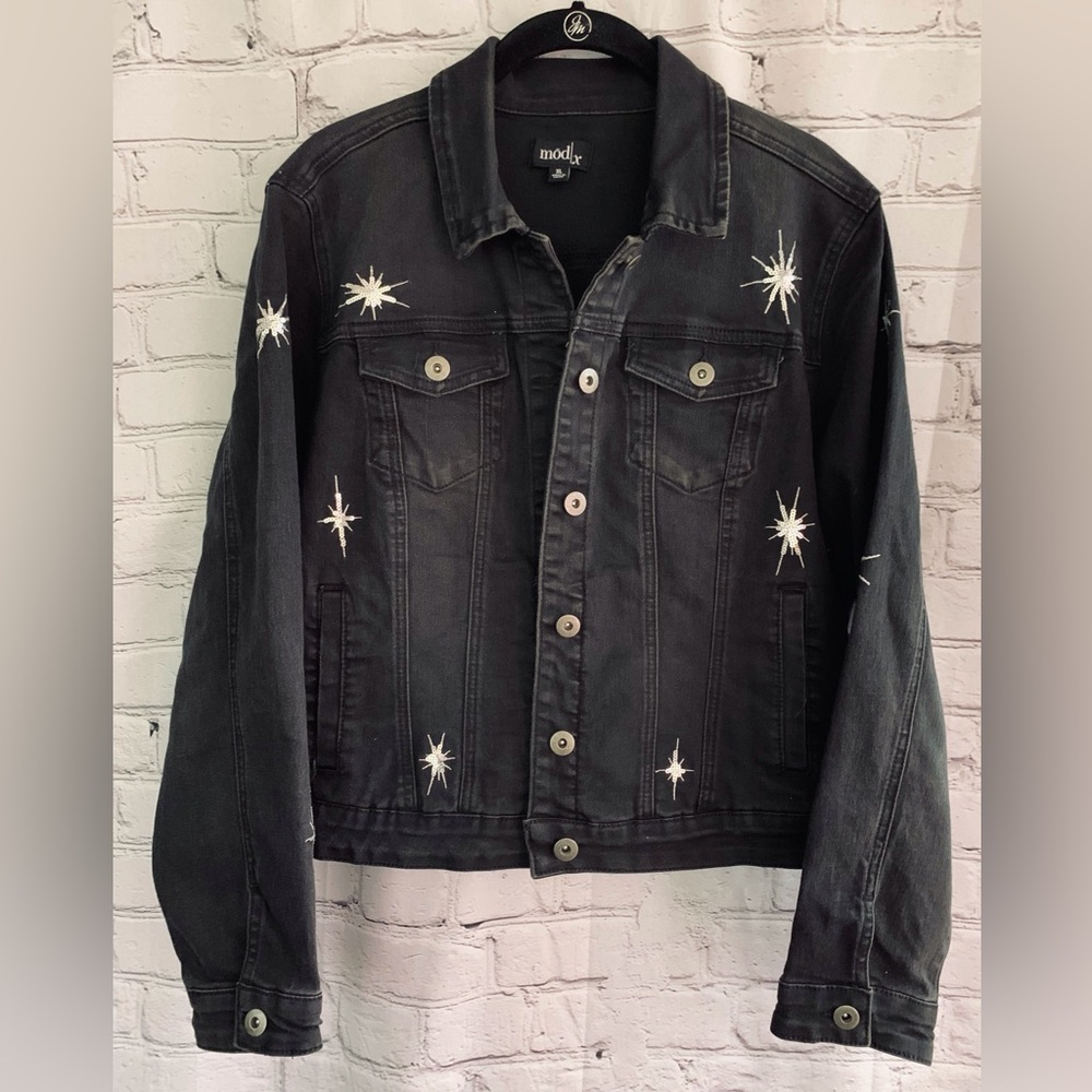 ModX Black Denim Cropped Jean Jacket with Starburst Embellishment XL